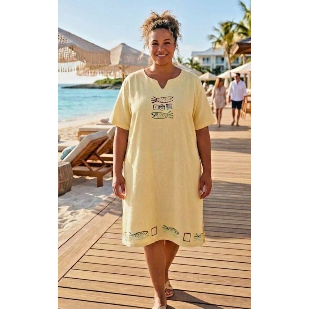 NWT 1992 Vintage BLUE CACTUS  100% Linen Butter Yellow Tropical Midi Dress 3X